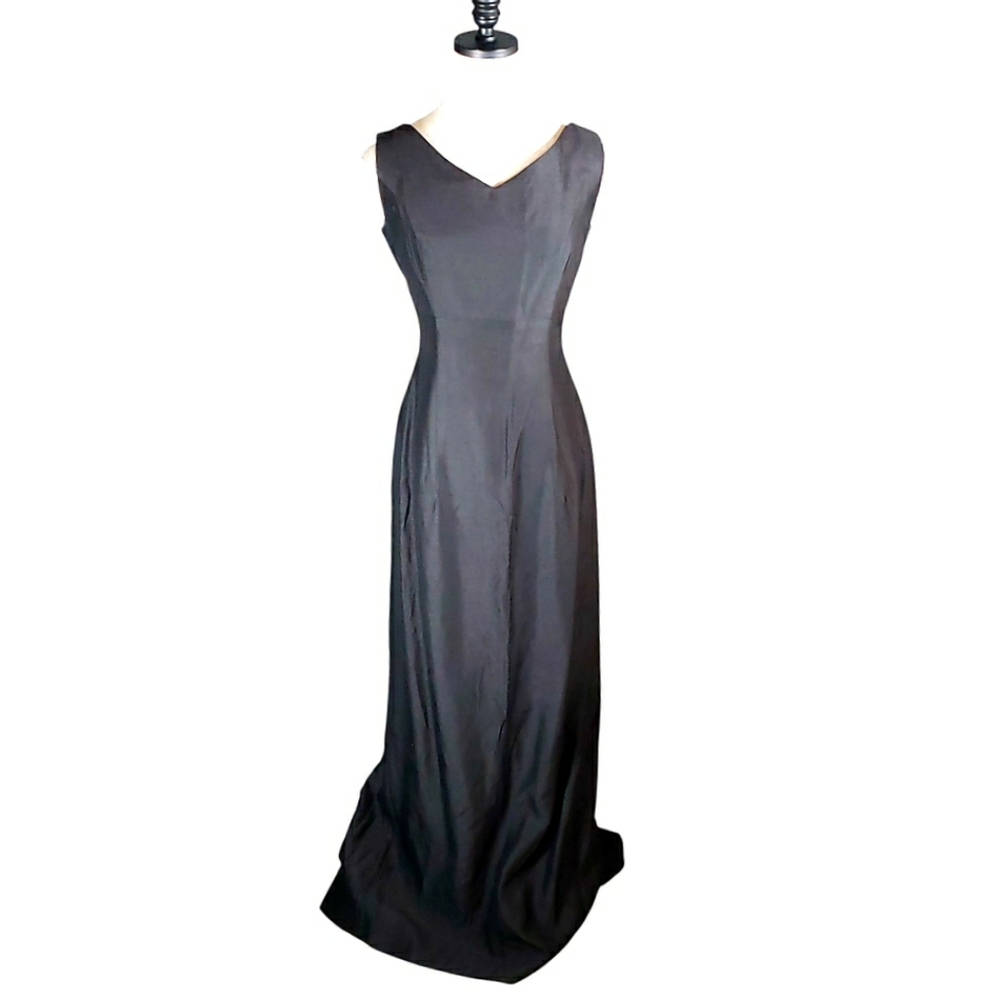 80's Vintage Black Maxi Gown Back Low Bow Party Prom Hoco LBD Made USA 4/6